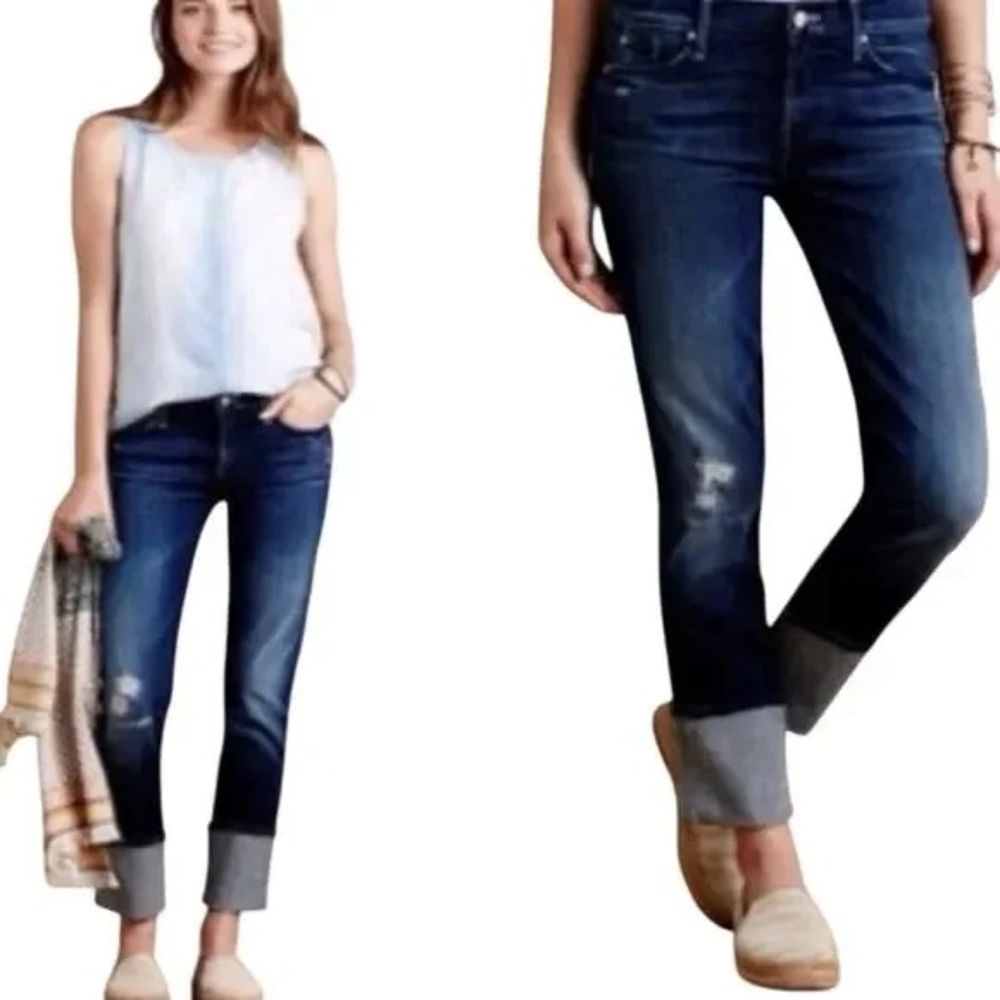 MOTHER The Ponyboy Echoes Cuffed Straight Leg Denim Jeans Distressed 28